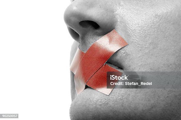 Black And White Closeup Face With Red X Taped Over Mouth Stock Photo - Download Image Now