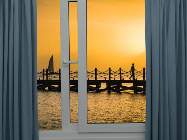 window open view of the gazebo in the sea