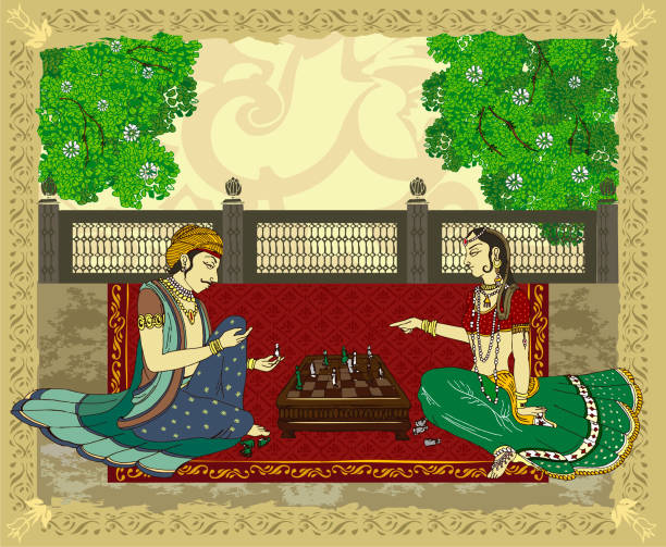 hindu princess and prince playing chess vector art illustration