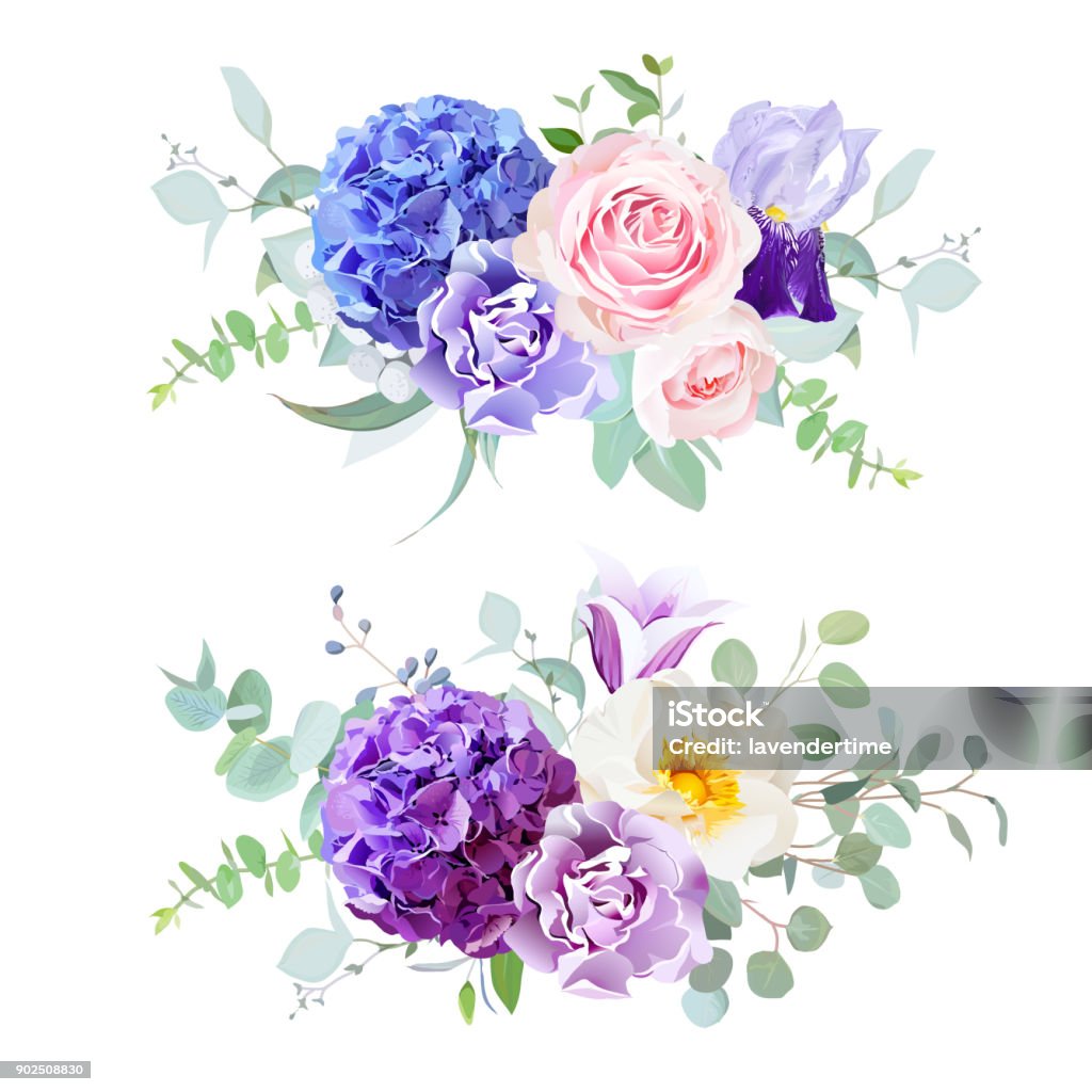 Beautiful spring wedding flowers. Violet, blue and purple hydrangea, rose, iris, carnation, bell flower, eucalyptus and greenery vector design horizontal bouquets.Beautiful spring wedding flowers.All elements are isolated and editable Flower stock vector