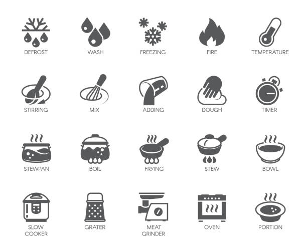 illustrazioni stock, clip art, cartoni animati e icone di tendenza di set di icone di elettrodomestici, utensili ed etichette sul tema culinario in stile piatto. raccolta vettoriale - mescolare
