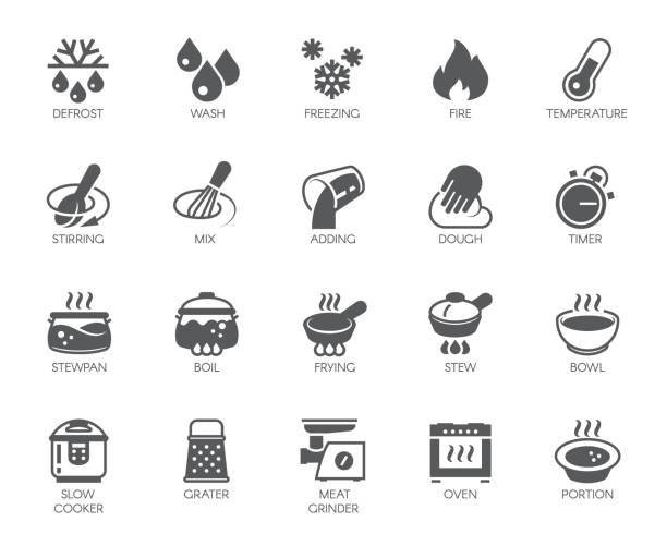 ilustrações de stock, clip art, desenhos animados e ícones de icons set of household appliances, utensils and labels on culinary theme in flat style. vector collection - equipment egg beater household equipment kitchen utensil