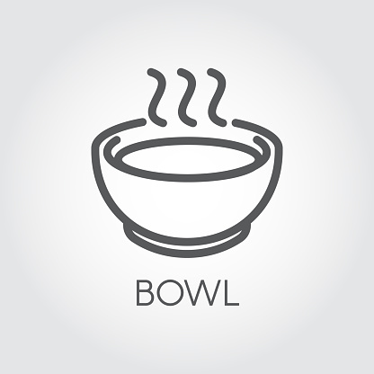 Contour simplicity icon of bowl with hot food or drink. Graphic outline label for culinary sites, books, mobile applications and other projects. Vector illustration