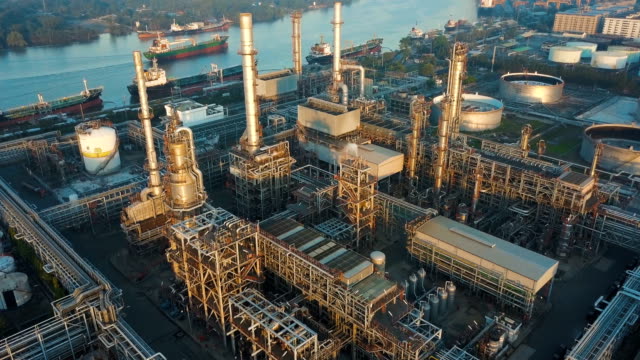 4k Aerial view of large oil refinery facilities in Asia
