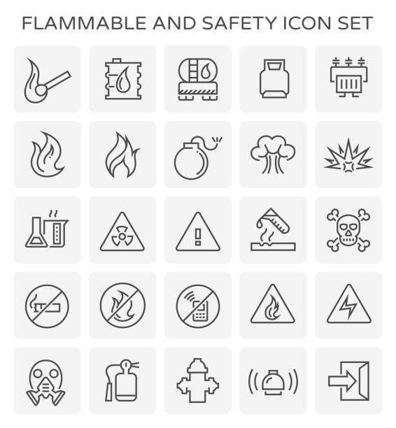 flammable safety icon Flammable and safety icon set. lng liquid natural gas stock illustrations