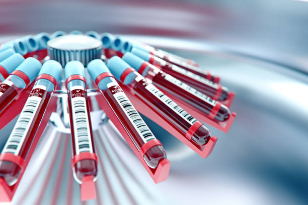 Lab equipment centrifuging blood. Concept image of a blood test.3d rendering. stock photo