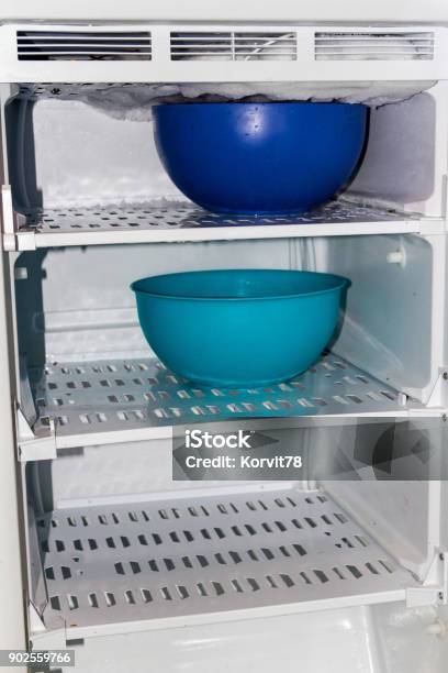 Defrost The Refrigerator With Hot Water Stock Photo - Download Image Now - Appliance, Blue, Clean