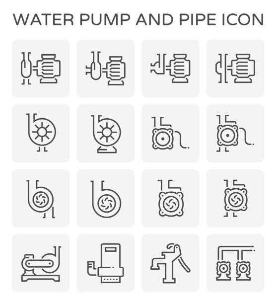 water pump icon Water pump and steel pipe icon set. electric motor white background stock illustrations