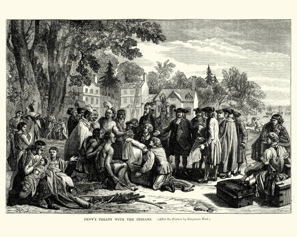 William Penn's treaty with the native americans Vintage engraving of William Penn's treaty with the native americans treaty stock illustrations