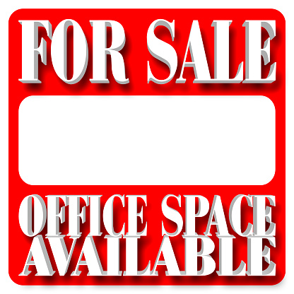 Stock Illustration - For Sale, Office Space Available, White Copy Space, 3D Illustration, Isolated Against the Red Background.