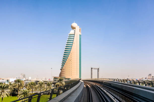 Amazing view of Dubai Etisalat Building . A view from Dubai Metro, Sheikh Zayed Road, Residential and Business Skyscrapers in Downtown, Dubai, UAE stock photo