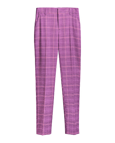 Pink elegant checked retro trousers isolated white
