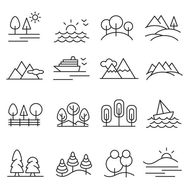 illustrations, cliparts, dessins animés et icônes de jeu d’icônes de paysage - montagne