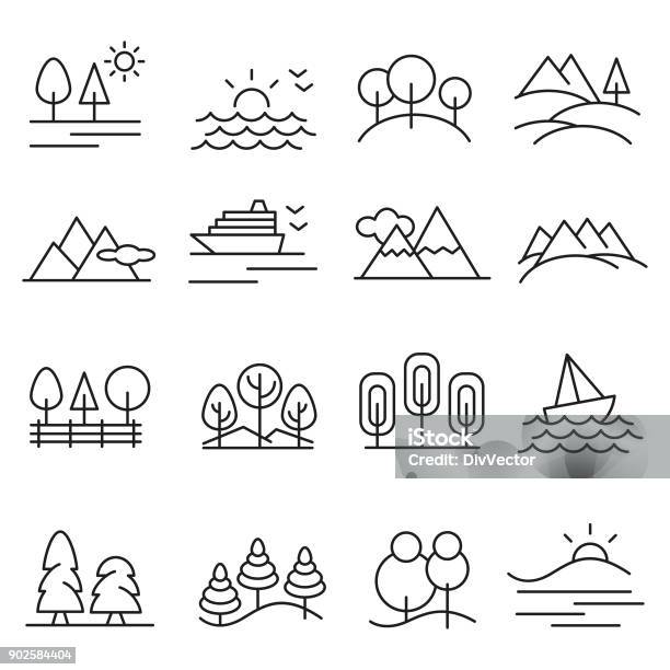Landscape Icon Set Stock Illustration - Download Image Now - Mountain, Landscape - Scenery, Sea