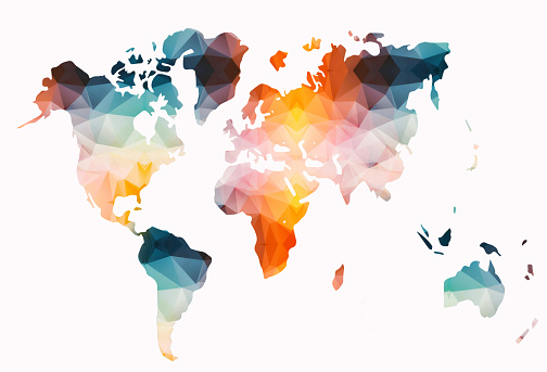 Low poly colorful world map on white background
