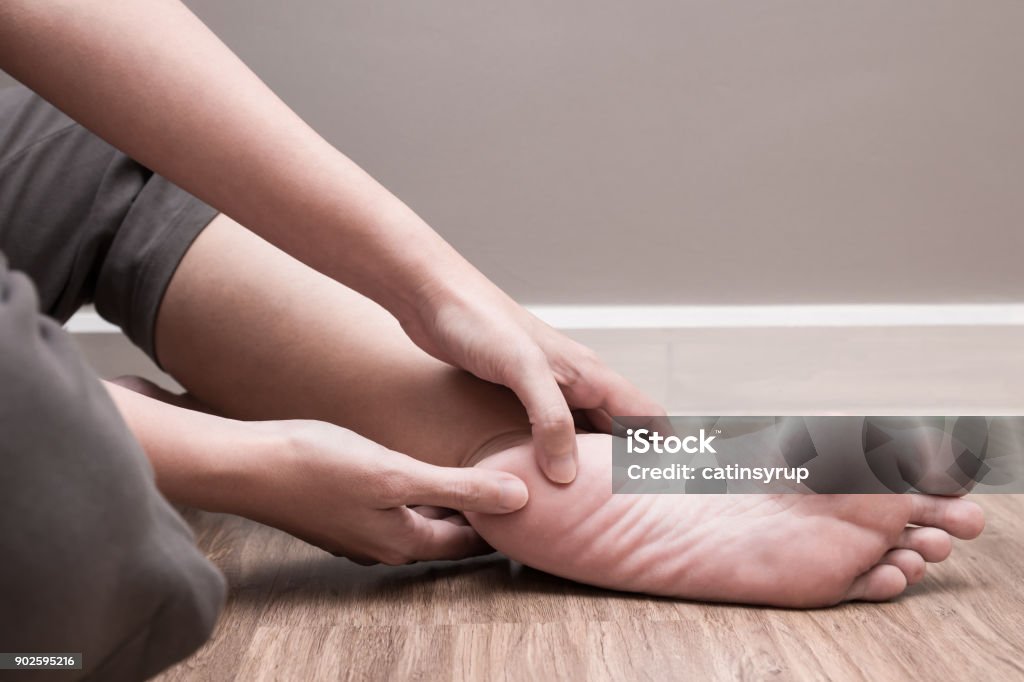 Female foot heel pain, plantar fasciitis Pain Stock Photo