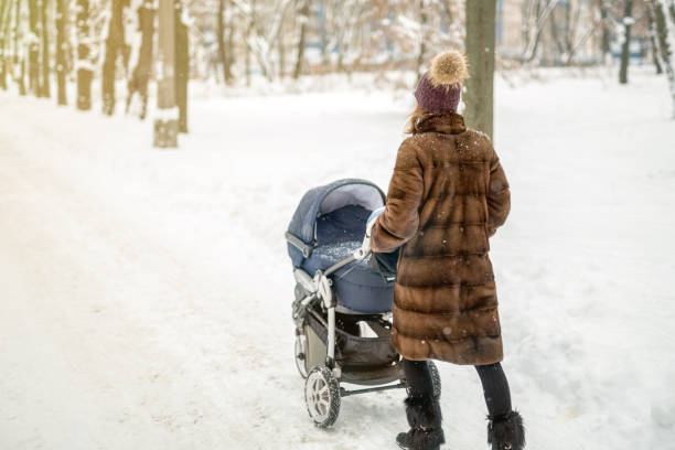 istock Woman walking with stroller in  forest at winter. 902599314