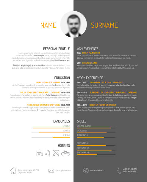 profile-dashboard-white-black-center Vector minimalist cv / resume template - dark color version modern resume template stock illustrations