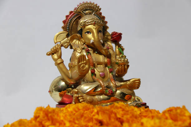 istock Ganesha made from brass with foreground yellow marigold flower and white background. 902610892