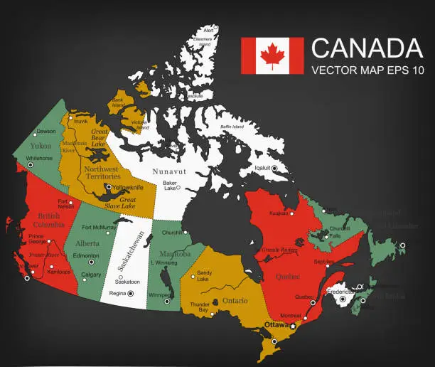 Vector illustration of Canada map with provinces. All territories are selectable. Vector