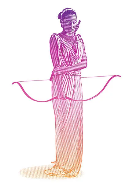 Vector illustration of African American Goddess with bow and arrow, wearing classical Grecian dress.