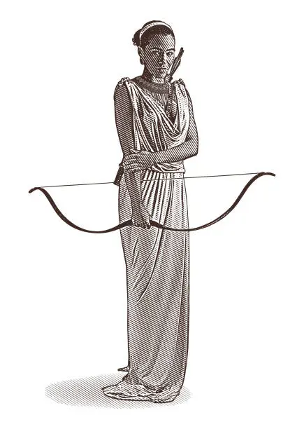 Vector illustration of African American Goddess with bow and arrow, wearing classical Grecian dress.