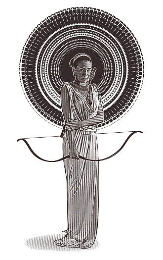 African American Goddess with bow and arrow, wearing classical Grecian dress.