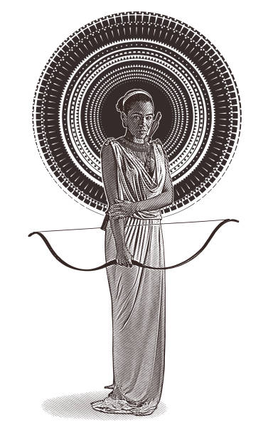 African American Goddess with bow and arrow, wearing classical Grecian dress. Engraving vector of an African American Goddess with bow and arrow, wearing classical Grecian dress. african warriors stock illustrations