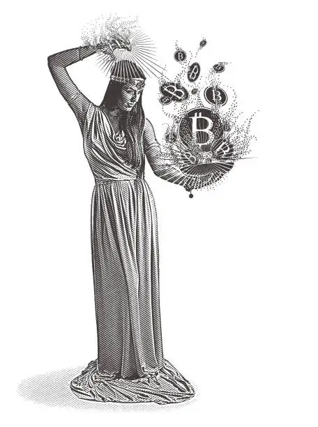 Vector illustration of Woman magician creating bitcoins and cryptocurrency