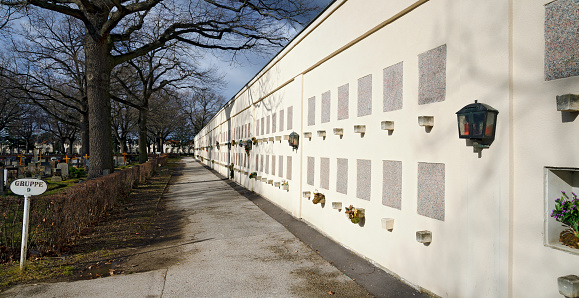 wall with graves for cinerary urns at the Viennese central cemetery at sunshine, Austria