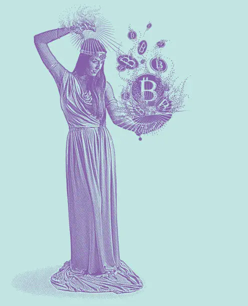 Vector illustration of Woman magician creating bitcoins and cryptocurrency