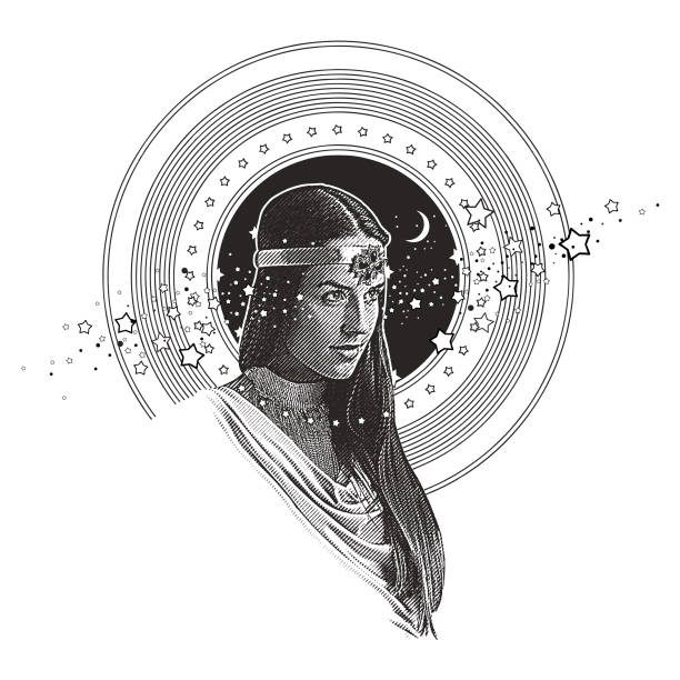 istock Engraving and stipple vector of mother nature with stream and forest background 902621318