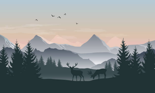 krajobraz wektorowy z sylwetkami gór, drzew i dwóch jeleni o wschodzie lub zachodzie słońca - elk deer hunting animals hunting stock illustrations