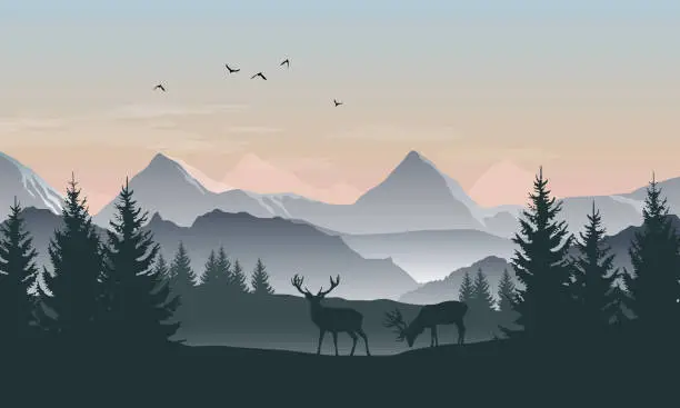 Vector illustration of Vector landscape with silhouettes of mountains, trees and two deer with sunrise or sunset sky