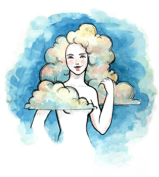 Girl in clouds Beautiful girl in clouds on blue background. Ink and watercolor technique inkpen stock illustrations