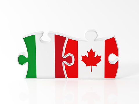 Jigsaw puzzle pieces textured with Canadian and Italian flags on white. Horizontal composition with copy space. Clipping path is included.