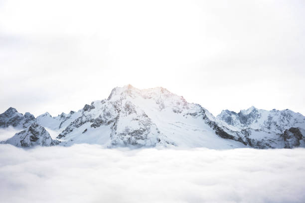 montañas nevadas por encima de las nubes. macizo del gran invierno de rocas - snow mountain fotografías e imágenes de stock