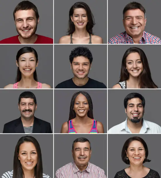 Smiling facial expression of sixteen people from different ethnicities. All the pictures were taken with a medium format Hasselblad Camera system and developed from Raw.