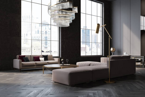 istock Gray and black living room corner 902651112