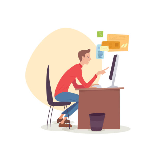 Man sitting in office working with computer looking at monitor. Man sitting in office working with computer looking at monitor accounting office background stock illustrations