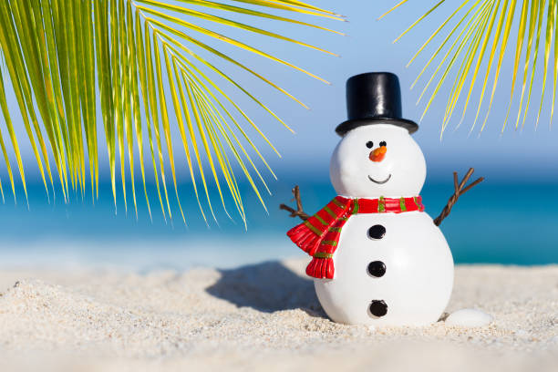 istock Snowman toy on white sandy beach 902666222