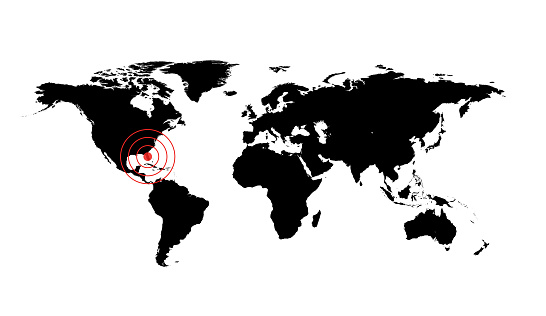 Dangerous occurrence in Florida. World map illustration with red circles accident sign