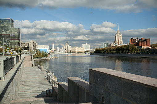 Summer view on the Moscow river with Radisson hotel on the background