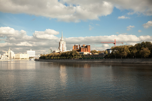 Summer view on the Moscow river with Radisson hotel on the background