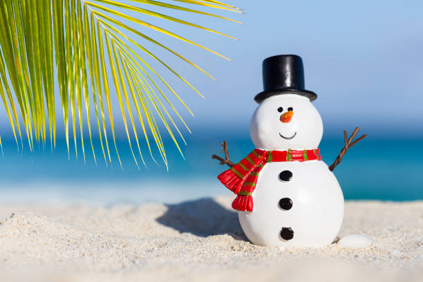 istock Snowman toy on white sandy beach 902673634