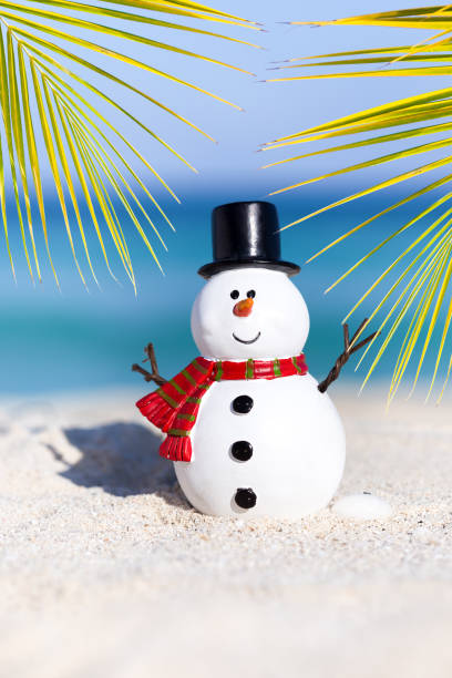 istock Snowman toy on white sandy beach 902673678