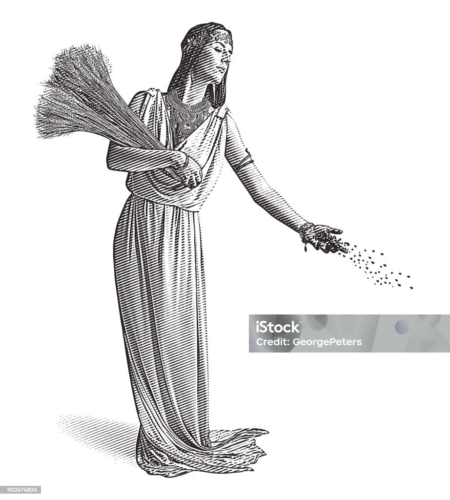 Demeter, goddess of the harvest and fertility sowing seeds. Engraving vector of Demeter, goddess of the harvest and fertility sowing seeds. Demeter - Greek Goddess stock vector