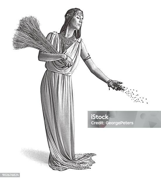 Demeter Goddess Of The Harvest And Fertility Sowing Seeds Stock Illustration - Download Image Now