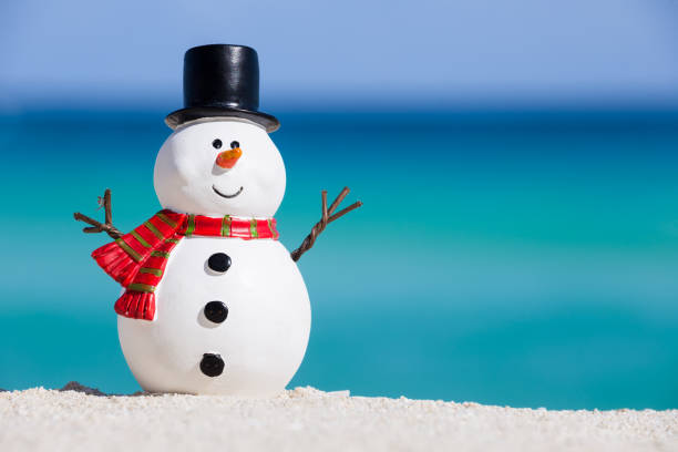 istock Snowman toy at white sandy beach 902677868