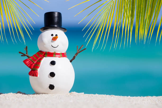 istock Snowman toy at white sandy beach 902680338